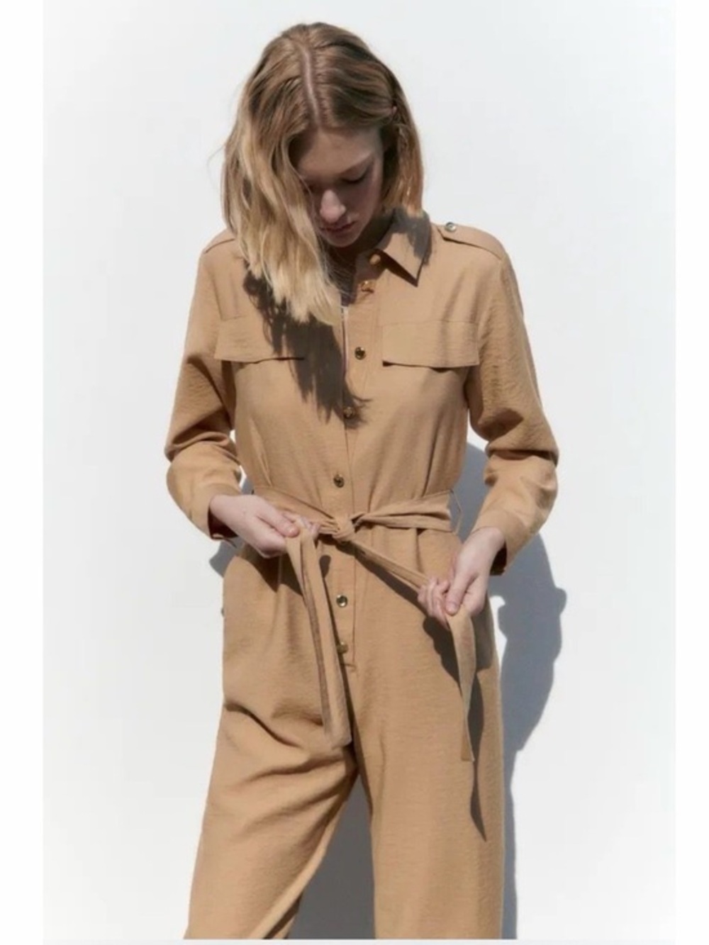 Zara Women Tan Utility Jumpsuit with Tie Belt and Pockets Size Medium